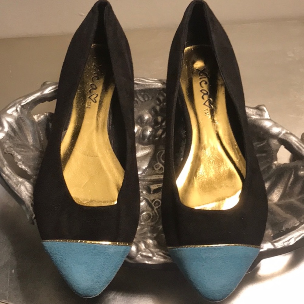 Black and teal micro suede flats by Xica